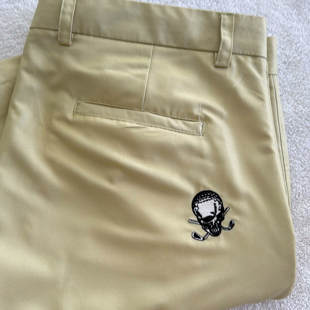 Men's Flat Front Golf Shorts in Light Khaki with Skull & Clubs Embroidery